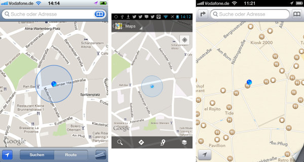Comparison of iOS6 maps, Google maps for iOS, Android 4.11